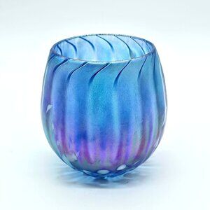 Handblown Blue Iridescent Glass Candle Holder